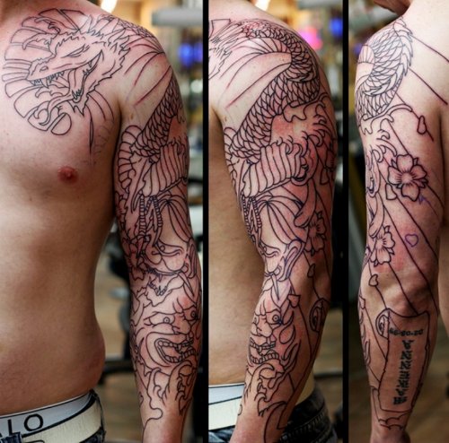 Black And White Dragon Tattoo On Full Sleeve